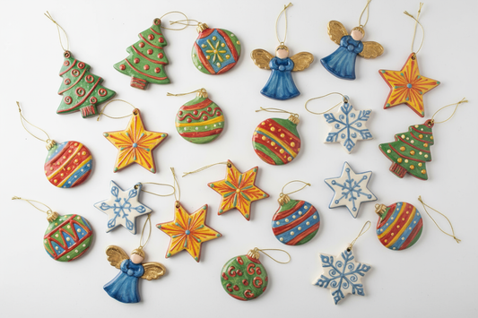image of colorful flat ceramics ornaments with christmas trees, angels and other holiday shapes.  white background and colorful, whimsical ornaments included too
